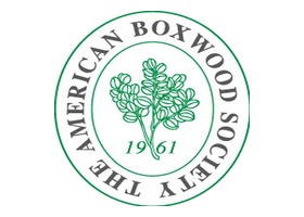 The American Boxwood Society official circular seal logo, correctly aspect-ratio corrected to perfect circle, with curved green wordmark THE AMERICAN BOXWOOD SOCIETY, central boxwood plant illustration, and 1961 founding year on white background