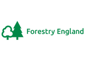 Forestry England official logo - two trees icon with Forestry England wordmark in dark forest green