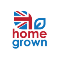 British Home Grown mark — Union Jack leaf icon plus 'home grown' wordmark in red and blue