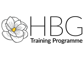 英国历史植物园培训生计划 Historic and Botanic Garden Training Programme (HBGTP) 标识，白色玉兰花 emblem + HBG / Training Programme 黑色 wordmark