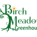 Birch Meadow Greenhouses logo with green birch tree motif and yellow sun