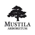 Mustila Arboretum official logo, black oak silhouette on white background with serif wordmark