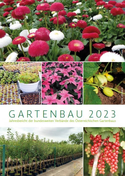 奥地利全国性协会2023年行业年度报告GARTENBAU 2023封面,由六张花卉与苗圃照片拼成,包括花坛、花卉苗盘、紫粉色花、鹅莓状植株、露地苗圃行列和红醋栗果串
