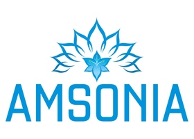 AMSONIA 标志，青蓝色花形图案，下方是青色高窄字体 AMSONIA 字样
