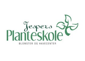 丹麦 Jespers Planteskole 苗圃 logo，白底配深绿 Jespers Planteskole 字样与蓝蝴蝶/叶装饰