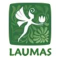 拉脱维亚 Laumas 植物园标识，深绿方块内白人女性剪影与 LAUMAS 字样