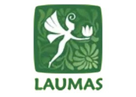 拉脱维亚 Laumas 植物园标识，深绿方块内白人女性剪影与 LAUMAS 字样