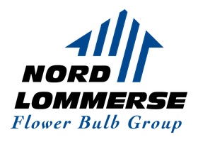 Nord Lommerse 标志，蓝色郁金香图形配黑色 NORD LOMMERSE 字样和蓝色 Flower Bulb Group 标语