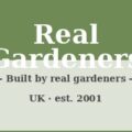英国真正的园丁论坛 Real Gardeners 标识，绿叶围绕 Real Gardeners 字样与 Built by real gardeners for real gardeners 副标
