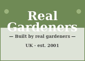 英国真正的园丁论坛 Real Gardeners 标识，绿叶围绕 Real Gardeners 字样与 Built by real gardeners for real gardeners 副标