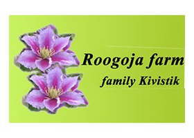 爱沙尼亚 Roogoja 农场 logo，浅绿底配粉色铁线莲花朵与 family Kivistik 字样