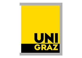 格拉茨大学 UNI GRAZ 标志，灰框内黄色方块上的黑色 UNI 和黑条上的黄色 GRAZ