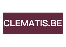 比利时 Van Nuffelen 铁线莲苗圃 logo，深酒红底配白色 CLEMATIS.BE 字样